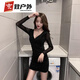 喆炜夜店女装足浴会所新款深V低胸修身包臀短裙荷叶边夜场性感连衣裙 黑色短袖876款 2XL  (120-130斤)