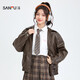 三福（SANFU）春季外套女2025新款立体口袋PU皮衣宽松百搭时尚夹克上衣女装 棕色- 薄款 S