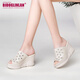 Sandalias con tacón de la marca Bido Groenlandia para mujeres que usan una nueva plataforma impermeable de verano con la boca de cuero de tacón alto de la boca abierta de las sandalias de medio apoyo de los pies en blanco 37 (235 mm)