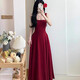 
Mu Ni red suspender dress Women's summer French U-neck waist dress skirt engagement clothes toast clothes to look slim red skirt Red long skirt [burgundy] M size