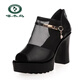 Woodpecker 2024 spring and summer fashion mesh shoes for women waterproof platform thick sole high heel thick heel fish-mouth single shoes Roman mesh sandals black 35