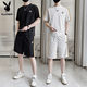Playboy Casual Two-Tiefe Set Herren Sommereis Ice Seide Thin Sportswear Set Herren trendy T-Shirt Kurzarm Short/Hosen ein komplettes weißes Set [Kurzarm + Hosen] L (Empfohlen 115-135jin [Jin gleich 0,5 kg]))