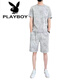 花花公子（PLAYBOY）纯棉2023新款冰丝短袖T恤套装男士休闲运动两件套男装宽松夏季潮 671灰色套装 3XL 160斤-175斤