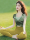 Shuangxiu yoga clothes for women 2025 new high-end and beautiful Pilates short-sleeved professional training clothes sports running suit summer ink green top leaf yellow pants suit XL 125-135