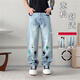 Patch Lightning Men's 2025 Marca de celebridades de Internet Retro American Retro europeo y americano a la moda suelta los pantalones de pierna ancha azules y blancos 1315-6 XL recomendado 145-165Jin [Jin iguala 0.5 kg]