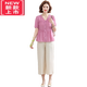 项郎妈妈装夏装短袖棉麻两件套2025新款中老年女装洋气贵妇人中年套装 9435黄色+米色阔腿裤 L 【建议90-105斤】