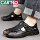 Cartelo Sommersandalen Männer echtes Leder atmungsaktives Sport und lässige Loch Schuhe hohl weiche Außensandalen Schwarz 6626/Top Cowhide 38 Standard Lederschuhgröße