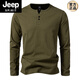 JEEP SPIRIT 300g heavy cotton large size slim henley collar long-sleeved T-shirt men's spring and autumn solid color sports fitness T-shirt military green L