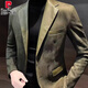 Pierre Cardin 2025 deerskin casual men's suit jacket trendy autumn and winter Hong Kong style handsome new high-end splicing suit Khaki XL