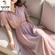 
Woodpecker French shirt dress for women 2025 temperament gentle long skirt for summer new light luxury high-end waist-hugging skirt light purple belt with lining L 110-120Jin [Jin equals 0.5 kg]