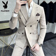 Playboy spring and autumn business casual suit men's slim and handsome double-breasted groom's suit three-piece wedding dress dark gray (suit + trousers) XL