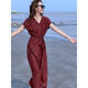 Hengyuanxiang Silk Light Luxury Robe Women's 2025 Été Nouveau style élégant en V Slim Jupe rouge Bourgogne Guangzhou Vêtements féminins de treize rangs / produits européens Europe 2xl