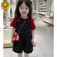 G.DUCK女童背带裤夏季套装2025新款洋气中小童夏天短袖儿童背带裤两件套 黑色碎花背带裤+红色T 110