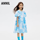 Annai children's clothing girls short-sleeved dress 2024 summer new style blue flower 150