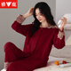 Yalu-Pyjamas für Frauen im Frühjahr und Herbst reines Baumwoll-Langarm-Spitze Großgröße Loses Jahr des Zodiac Red Snake Year Home Clothing Set 4885 WEIN ROT M 80-100JIN [Jin ist 0,5 kg]