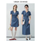 
VEGA CHANG denim dress for women 2025 new summer small V-neck lace lace slim vacation style waist-hugging skirt Bay blue (short style) M