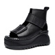 Lairan cowhide sandals thick-soled heightened women's shoes, wedge velcro hollowed-out Roman shoes versatile 2025 summer new style black 37