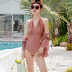 Feifei Yinman Bikini Sexy One-Piece Swimsuit para mujeres Summer 2025 Nuevo traje de baño de Slim and Gathering Hot Spring 12213 Brown S [sugerido 80-90jin [Jin equivale a 0.5 kg]]]