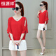 Hengyuanxiang short-sleeved chiffon shirt for women 2025 new fashionable belly-covering fashionable small shirt double v-neck bat shirt off-shoulder shirt black S (recommended 80-95 Jin [Jin equals 0.5 kg])