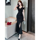 Want to move the nightclub beauties evening dress sexy temperament off-shoulder slim dress foot bath technician work clothes sauna long skirt black 5968 style S (85-95Jin [Jin equals 0.5 kg])