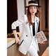 Chaqueta de traje ke fuyan para mujeres traje blanco de longitud media 2025 Nuevo sentimiento de primavera Temperamento casual traje profesional otoño 9926 traje blanco + 9926k pantalones blancos s