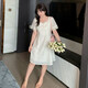 Slightly fat mm solid color temperament lace edge square collar dress for women 200 Jin [Jin equals 0.5 kg] plus size small belly-covering skirt 1391 picture color XL 120-140 Jin [Jin equals 0.5 kg]