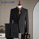ROMON suit + vest + trousers suit men's slim professional formal dress wool jacket black 2XL