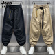 JEEP SPIRIT Japanese work pants men's summer thin loose casual pants youth American elastic waist khaki sports harem pants black XL