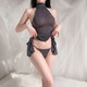 Glace Silk Sexy Pyjamas minikirt Robe de datation de femmes 6626 Black Strap Ice Silk [Cheongsam + T-Trouders] + Black Stockings New Year Christmas