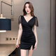 Für Zhishu Nightclub KTV sexy Kleid für Frauen Deep V Kleid Spa Fußbademassage Techniker Arbeit Kleidung Hip Rock Nachtclub 3882 Black + XL Empfohlen 115-125Jin [Jin ist gleich 0,5 kg]
