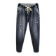 
Zhidoudou summer thin casual high elastic large size ripped nine-point pants for men fat man elastic waist Harlen small foot cow blue ZX9923 high elastic trousers regular model M