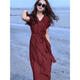 Hengyuanxiang Silk Light Luxury Robe Women's 2025 Été Nouveau style élégant en V Slim Jupe rouge Bourgogne Guangzhou Vêtements féminins de treize rangs / produits européens Europe 2xl
