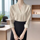 2025 Women's White V-neck Satin Shirt Workplace Commuter Interior Suit High-end Top Professional Outfit White Shirt 675 Apricot Color [V-neck] L Recommended [110-120Jin [Jin equals 0.5 kg]]