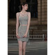 
9923# Early autumn fashion chic high-end socialite American sweet and spicy small fragrance dress suspender dress suit gray picture color suspender top + skirt S