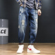 
Zhidoudou summer thin casual high elastic large size ripped nine-point pants for men fat man elastic waist Harlen small foot cow blue ZX9923 high elastic trousers regular model M