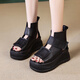 Lairan cowhide sandals thick-soled heightened women's shoes, wedge velcro hollowed-out Roman shoes versatile 2025 summer new style black 37