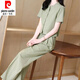 Pierre cardin fashion suit for women in summer 2025 new fashionable slim round neck short sleeve shirt straight trousers two-piece set for women 12608-Black suit 3XL [recommended 140-155Jin [Jin equals 0.5 kg]]