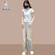 Woodpecker-Sommer-Outfit mit einem kompletten Satz modischer Internet-Celebrity Street-Modetrends in diesem Jahr, die beliebten Slim-T-Shirts dieses Jahres, zweiteilige Aprikosen-Farbhose M.