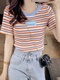 Qinji T-shirt à manches courtes à rayures à rayures pour femmes 2025 Été mince coton pur couleur à manches courtes à manches courtes pour femmes Réparation de version coréenne d'été 9901 # Stripes oranges S recommandées 70-89jin [Jin équivaut à 0,5 kg] Taille universelle
