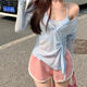 He Jianbing blouse, lazily style, v-neck, long-sleeved T-shirt, scheming t-shirt, women's early autumn long-sleeved v-neck short top, small design sense, white top, two-piece set, L 2L, 14117Jin[Jin equals 0.5 kg]