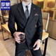 ROMON double-breasted suit suit for men business new professional formal fit groom wedding suit fashion British navy suit + vest + pants XL (suitable for 126-140 Jin Jin equals 0.5 kg)