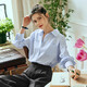 Olrain French striped shirt women's autumn loose commuting long-sleeved top light blue stripes M