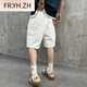 Fr.yh.zh yin xiaoji lavado pesado ropa de trabajo suelto de bolsillo gran bambú de mezclilla blanca pantalones de cinco puntos para hombres y mujeres 1049 blancos M [90-110]