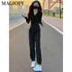 MAGIOPY国际奢侈高档品牌跑步休闲运动套装女春季修身收腰显瘦v领黑色长 黑色两件套 S(100斤以内)