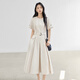 Dialogue high-end commuting waist-hugging slimming dress for women 2025 summer new French elegant round neck A-line long skirt Rice apricot color M