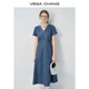 
VEGA CHANG denim dress for women 2025 new summer small V-neck lace lace slim vacation style waist-hugging skirt Bay blue (short style) M