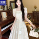
ROMON French temperament square collar large size dress for women in summer 2025 new high-end style waist-hugging and slimming first love long skirt. Rattan flower light green [version good droop] L [105-115Jin [Jin equals about 0.5 kg]]