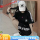 Adidas Clover Embroidery Sports Set Summer Men and Women's Same Short Sleeve Loose Two-Piece Set Casual Shorts Couple Round Neck 9889 Black Short Sleeve 2XL (130-150Jin [Jin equals 0.5 kg])