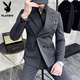 Playboy spring and autumn business casual suit men's slim and handsome double-breasted groom's suit three-piece wedding dress dark gray (suit + trousers) XL