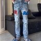 GXMY American High Street Internet Berühmtheit Gleicher Stil hochwertiger AM-Buchstaben gestickt Jeans Männer vielseitig Slim Fit Micro-Flare Straighthose 723 Jeans S S